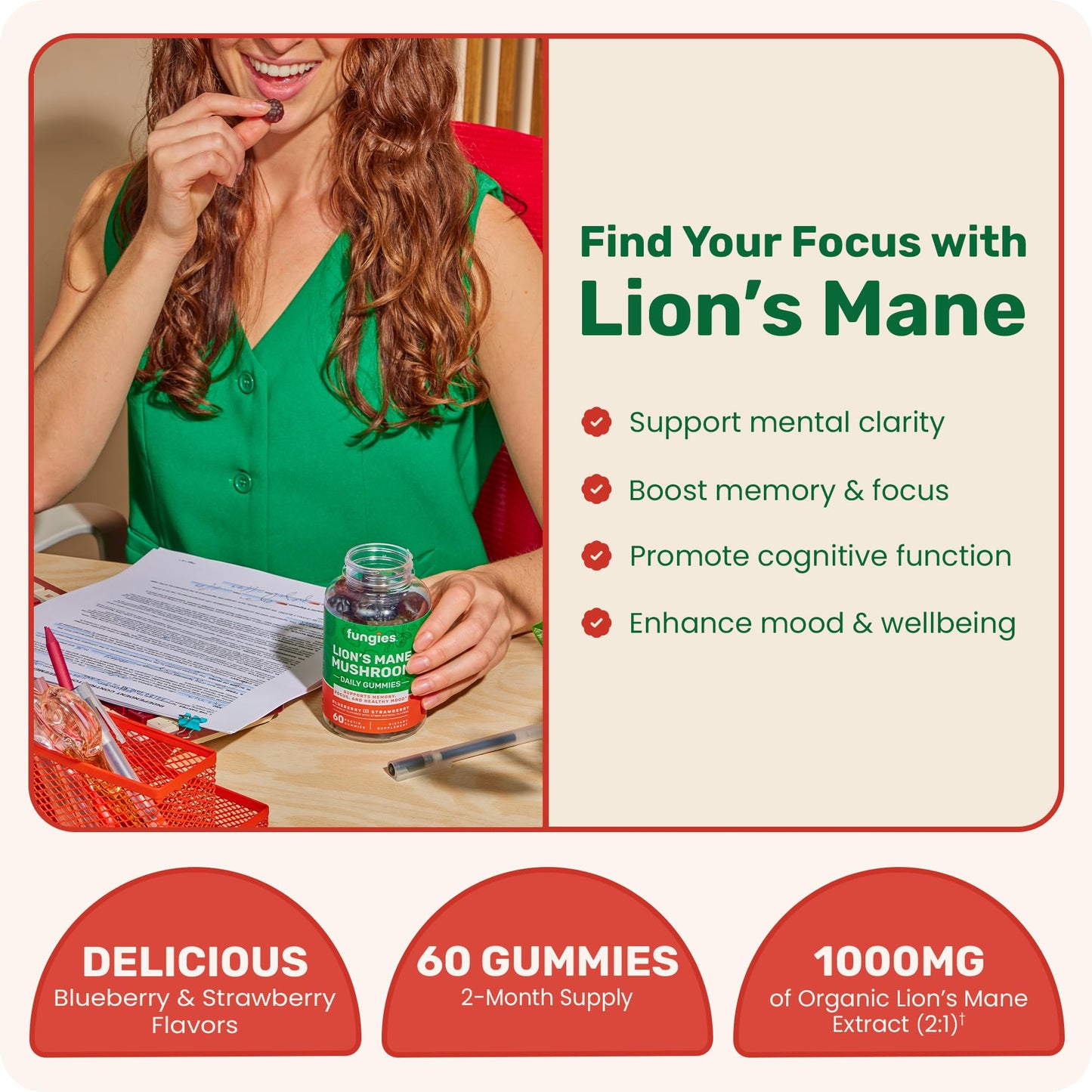 Fungies Lion's Mane Mushroom Gummies, Mixed Blueberry & Strawberry Flavor - Mushroom Supplement Gummy for Adults & Children Supports Brain Health, Cognitive Function Fungies