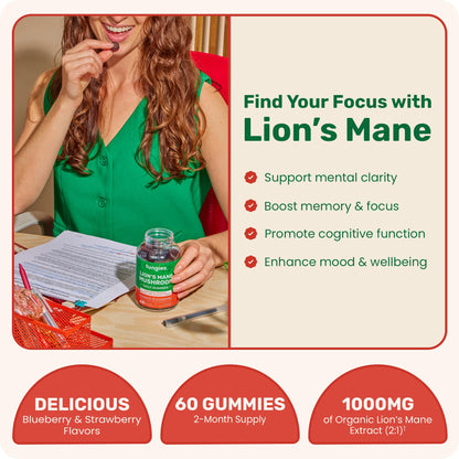 Fungies Lion's Mane Mushroom Gummies, Mixed Blueberry & Strawberry Flavor - Mushroom Supplement Gummy for Adults & Children Supports Brain Health, Cognitive Function Fungies