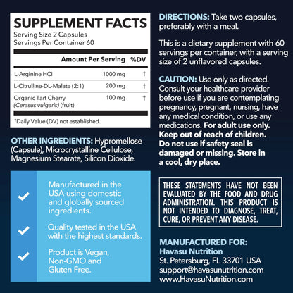 L-Arginine Capsules with L-Citrulline - Nitric Oxide Supplement - L Arginine and L Citrulline Blend - 120 Count - Vegan, Non-GMO Capsules for Performance HAVASU NUTRITION