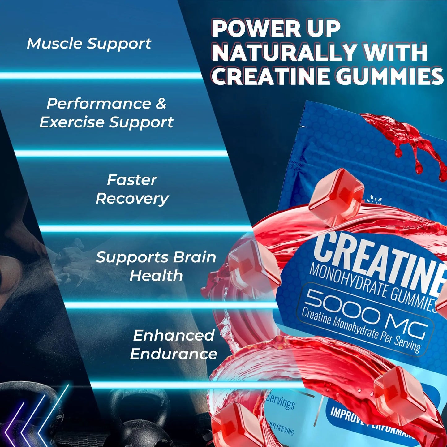 Creatine Gummies 5000mg, 30 Servings Creatine Monohydrate Gummies - Third-Party Tested Creatine for Women, Strawberry Flavor Creatine for Men, Muscle Growth, WELLNESS LABSRX