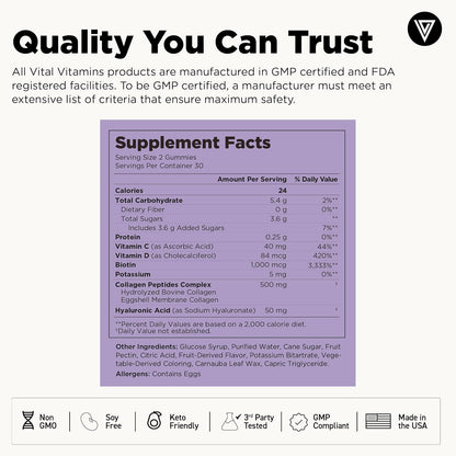 Vital Vitamins Multi Collagen Complex Plus Gummies - Collagen Peptides Types I, III & V with Hyaluronic Acid, Biotin, Vitamin C & Vitamin D - Hair, Skin & Nail Support - Wild Berry - 60 Count Gsupps Australia