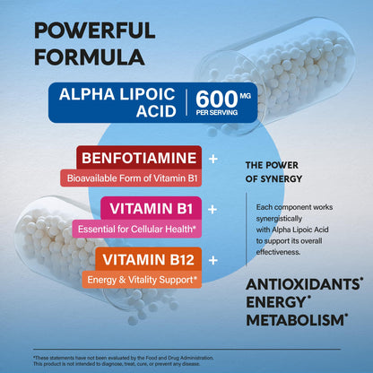 Alpha Lipoic Acid 600mg - ALA Supplement Antioxidant for Nerve, Energy & Metabolism Support - Extra Strength with Benfotiamine, B1 & B12 - Lab Tested, NON-GMO & Vegan NUTRAHARMONY