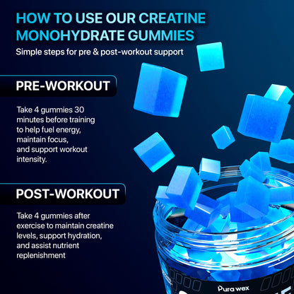 PURA WEX NUTRITION Creatine Monohydrate Gummies 8500mg Complex for Men & Women - Pre Workout Creatine Chews for Muscle Growth, Strength & Energy, PURA WEX NUTRITION