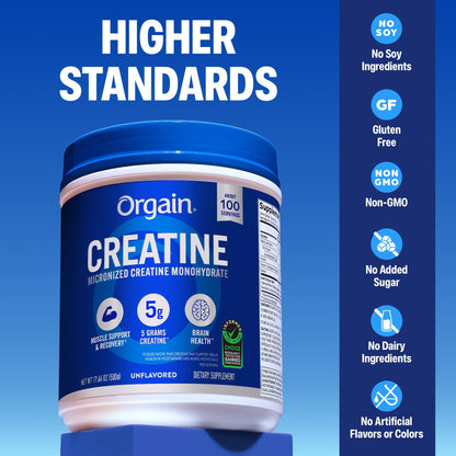 Orgain Creatine Monohydrate Micronized Powder, 100 Servings, Unflavored, Supports Muscle Growth, Post Workout Recovery and Brain Health, No Artificial Additives Orgain