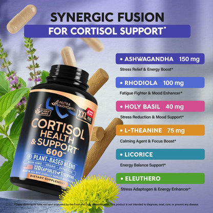 Cortisol Supplement for Women - Holy Basil | Ashwagandha | Rhodiola | L-Theanine - Plant-Based Hormone Balance - Mood, Focus & Sleep Support - Made in USA NUTRAHARMONY