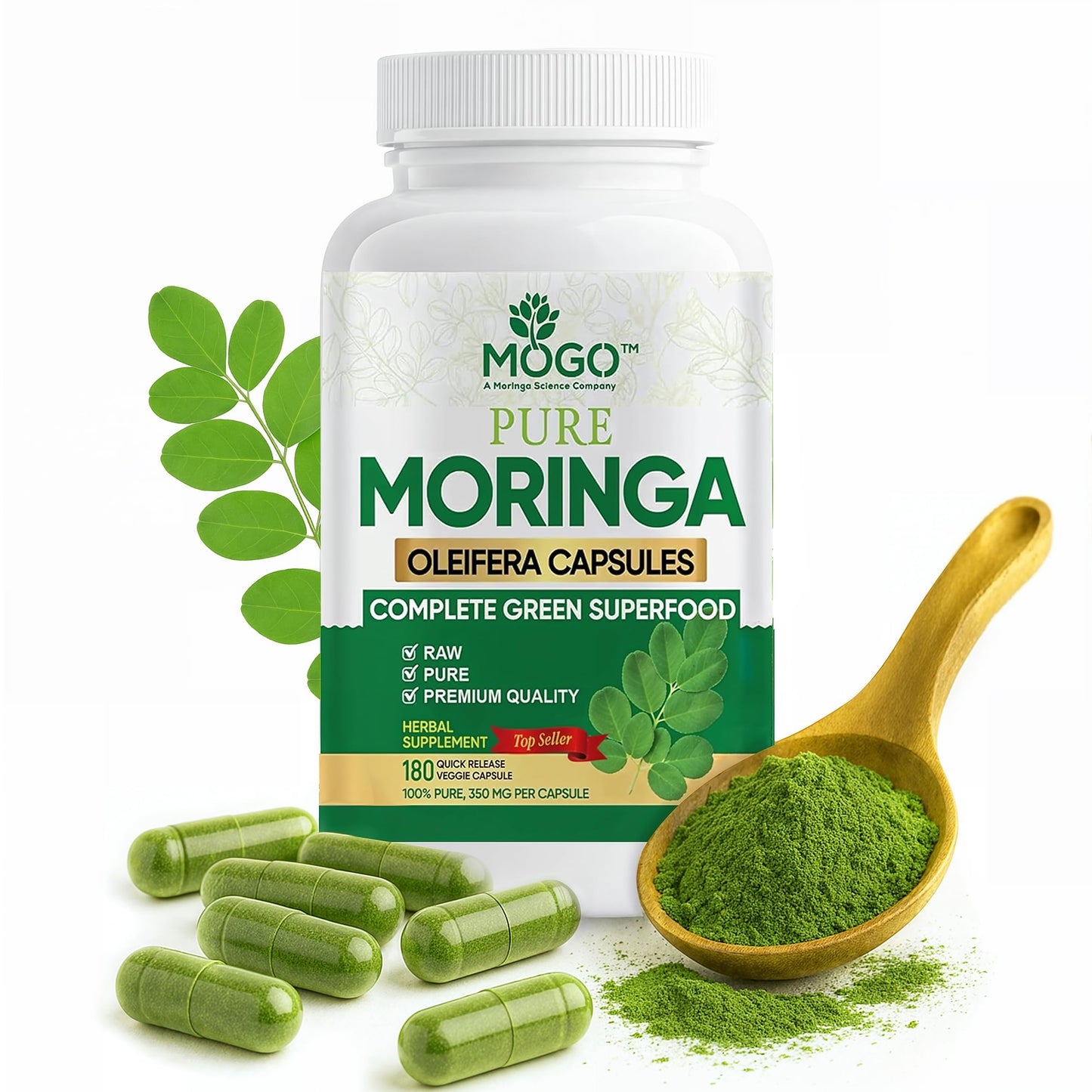 MOGO Moringa Capsules -180 Ct| Boost Energy, Immune, Gut, Joint Support | Made with Pure Organic Moringa Powder Organic Capsules | Made in USA MOGO