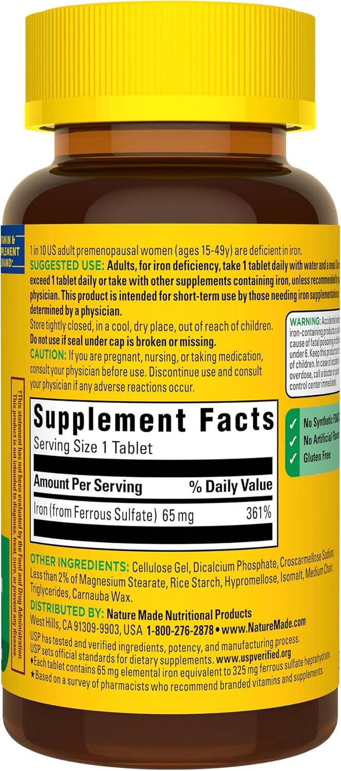 Nature Made Iron 65 mg (325 mg Ferrous Sulfate) Tablets, 180 Tablets | Iron Supplements for Men and Women with an Iron Deficiency, Dietary Supplement for Red Blood Cell Support, 180 Day Supply Gsupps Australia