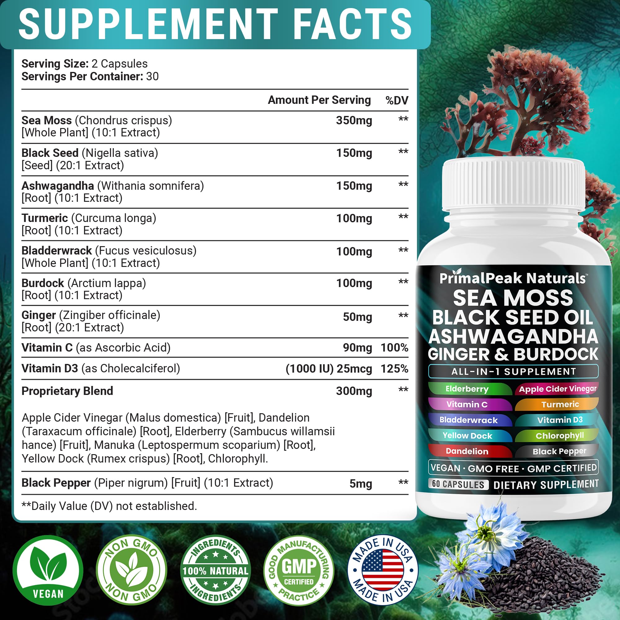 PrimalPeak Naturals Sea Moss Black Seed Oil Ashwagandha Ginger Burdock Bladderwrack Turmeric & Vitamin C Vitamin D3 with ACV Elderberry Chlorophyll Dandelion Yellow Dock Vegan Capsules - 60 Count PrimalPeak Naturals buy australia supplements
