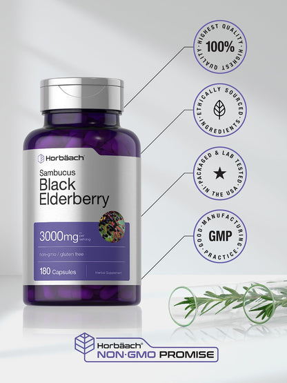 Horbäach Black Elderberry | 180 Count | Non-GMO, Gluten Free | Sambucus Extract Supplement Horbäach