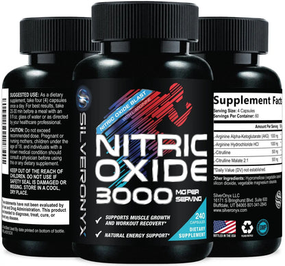 Extra Strength Nitric Oxide Booster - 3X Strength L-Arginine AKG & Citrulline Malate - Men & Women Premium Pre Workout Nitric Booster - Natural Energy & Muscle Support SILVERONYX