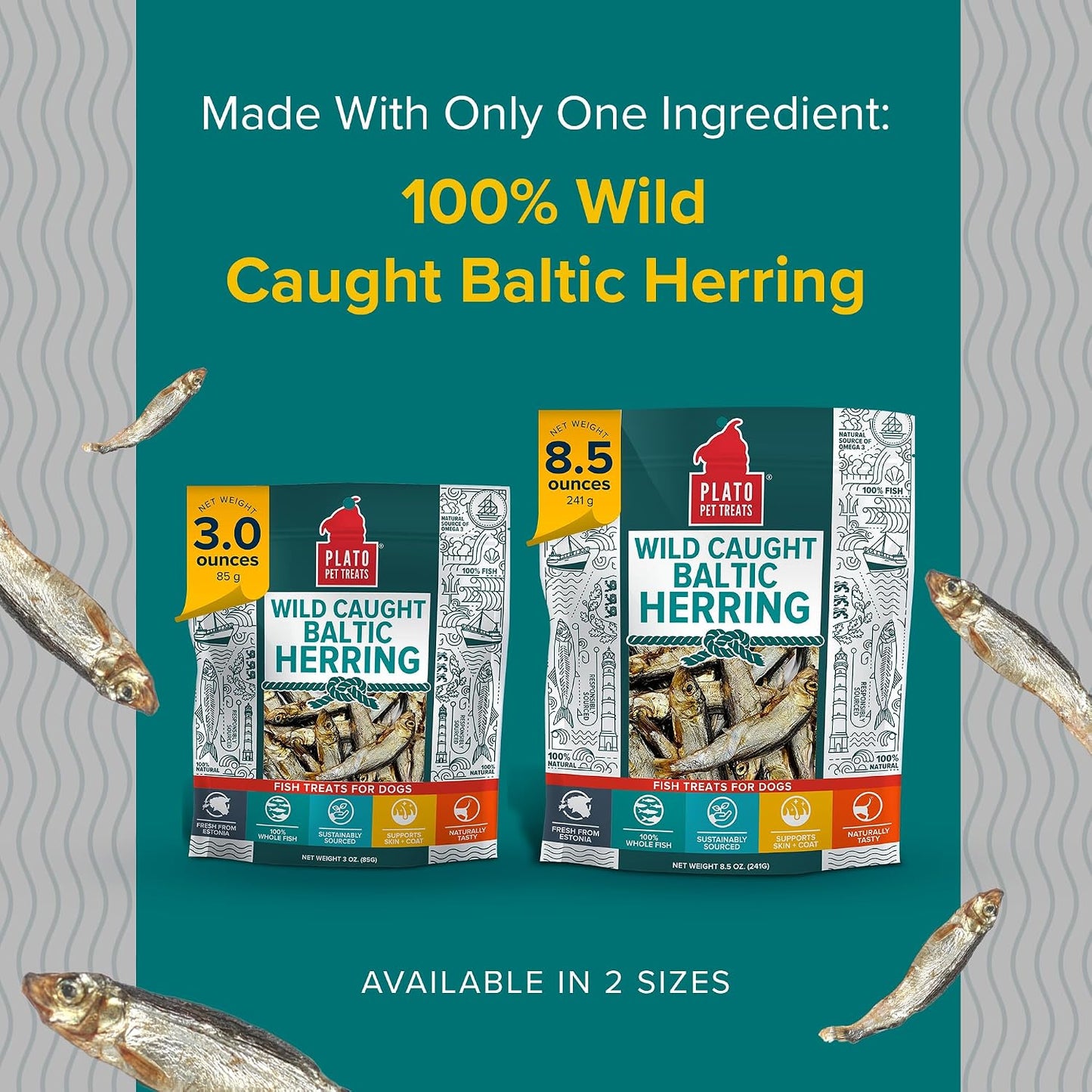 Plato Pet Treats Fish Dog Treats - Air-Dried, Single Ingredient Pet Treat - Omega 3 & 6 Fatty Acids to Support Skin and Coat - 100% Whole Fish - Wild Caught Baltic Herring - 3oz - 2 Pack Gsupps Australia
