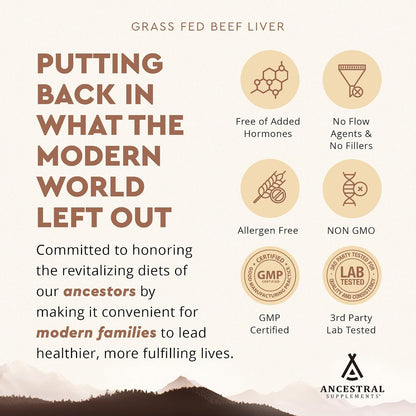 Ancestral Supplements Grass Fed Beef Liver 180 Capsules, Supports Energy Production, Detoxification, Digestion, Immunity and Full Body Wellness, Non-GMO, Freeze Dried Liver Health Supplement