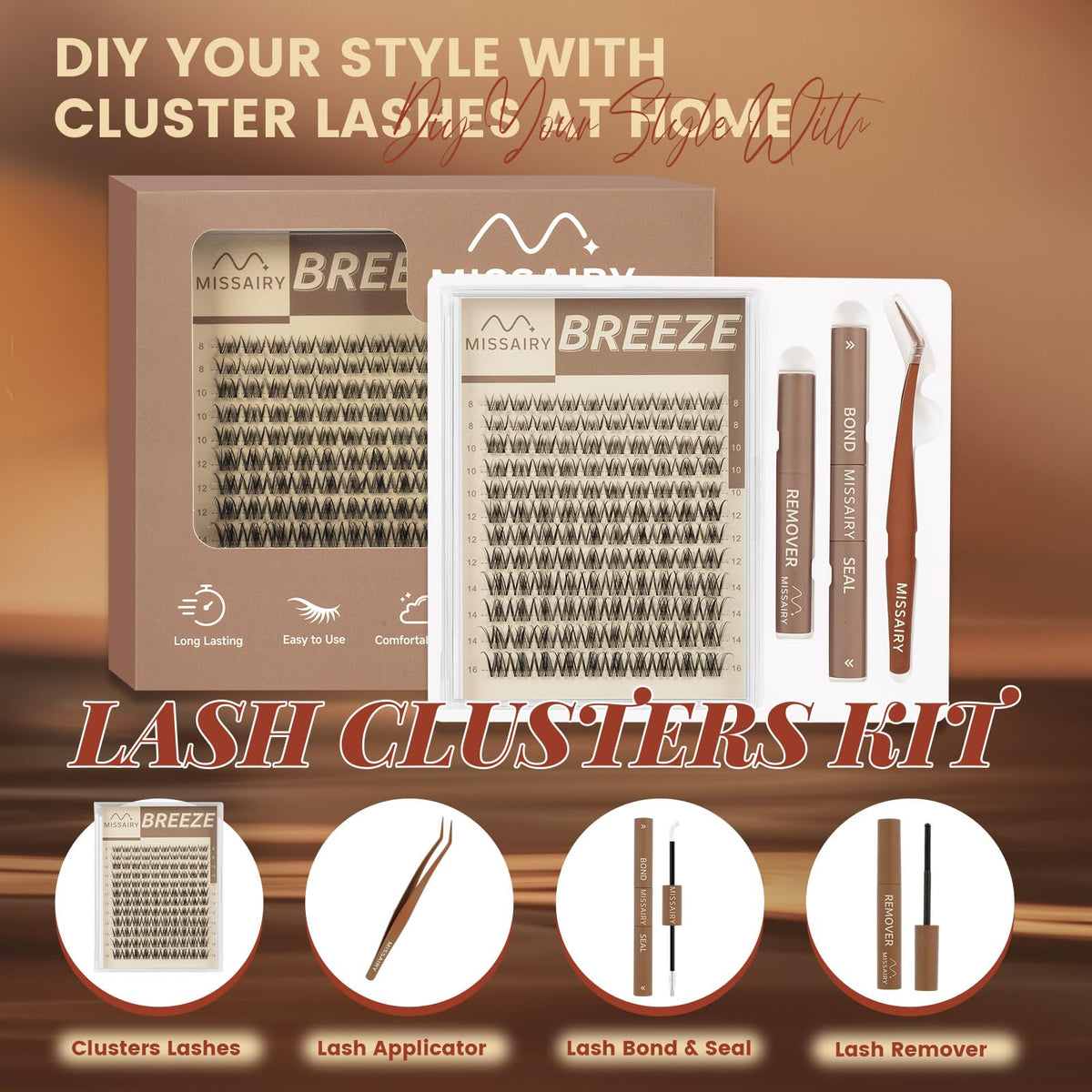 MissAiry Spider Breeze Lash Clusters Kit, Wispy Natural Eyelash Clusters DD Curly Lashes Cluster 8-16mm Cluster Eyelash Extensions Reusable Individual Lashes with Invisible Band for DIY at Home MissAiry