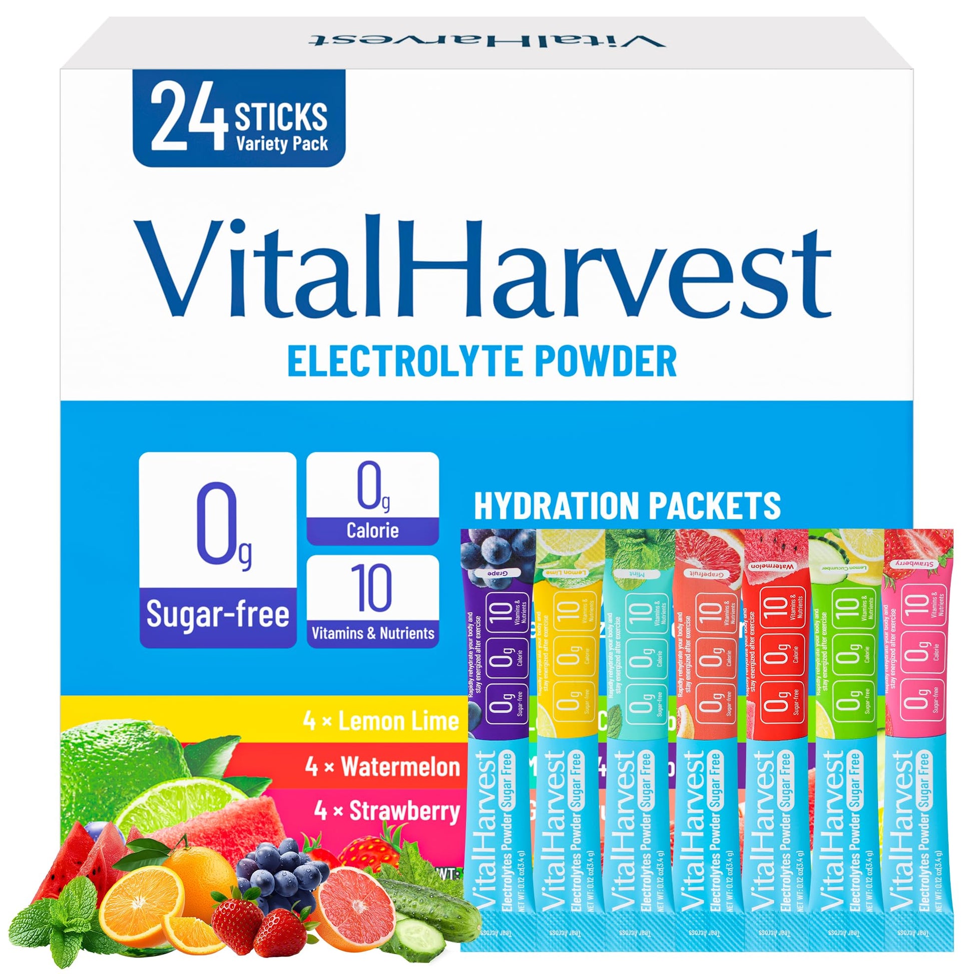 24 Sticks Electrolytes Powder Packets 7 Flavors Sugar Free Hydration Packets Liquid Daily IV Drink Mix, Low Sodium, Lemon Lime, Watermelon, Strawberry, Grape VitalHarvest buy australia supplements