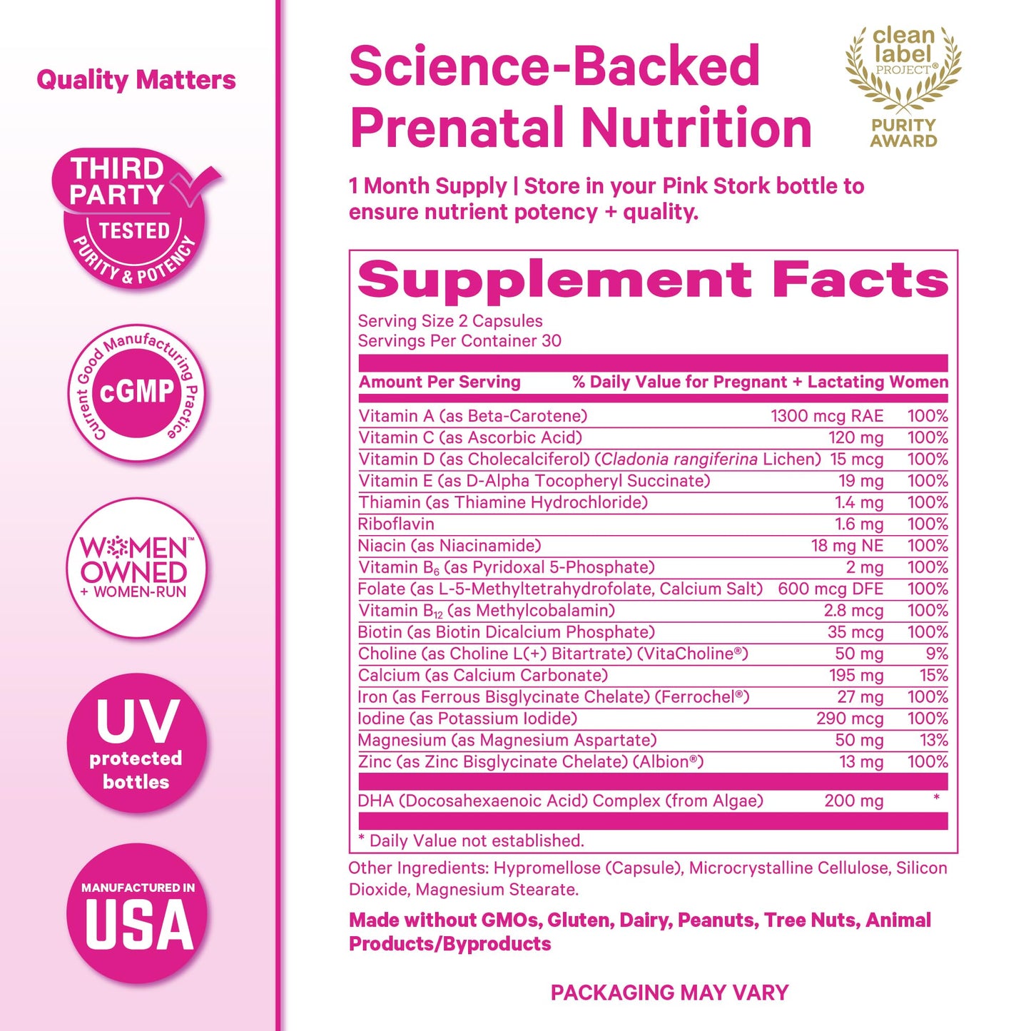 Pink Stork Total Prenatal Vitamins with DHA, Folate, Iron, Choline, and Vitamin B12 - Prenatals for Women to Support Fetal Development, Pregnancy Essentials Pink Stork
