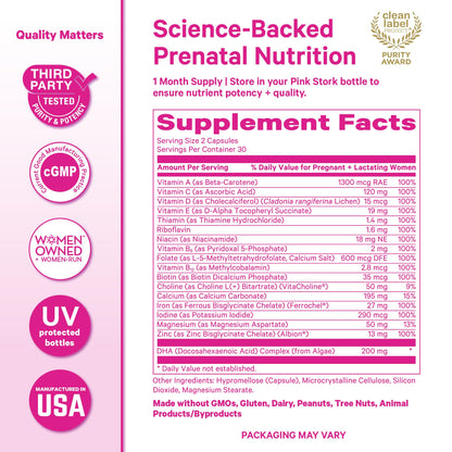 Pink Stork Total Prenatal Vitamins with DHA, Folate, Iron, Choline, and Vitamin B12 - Prenatals for Women to Support Fetal Development, Pregnancy Essentials Pink Stork