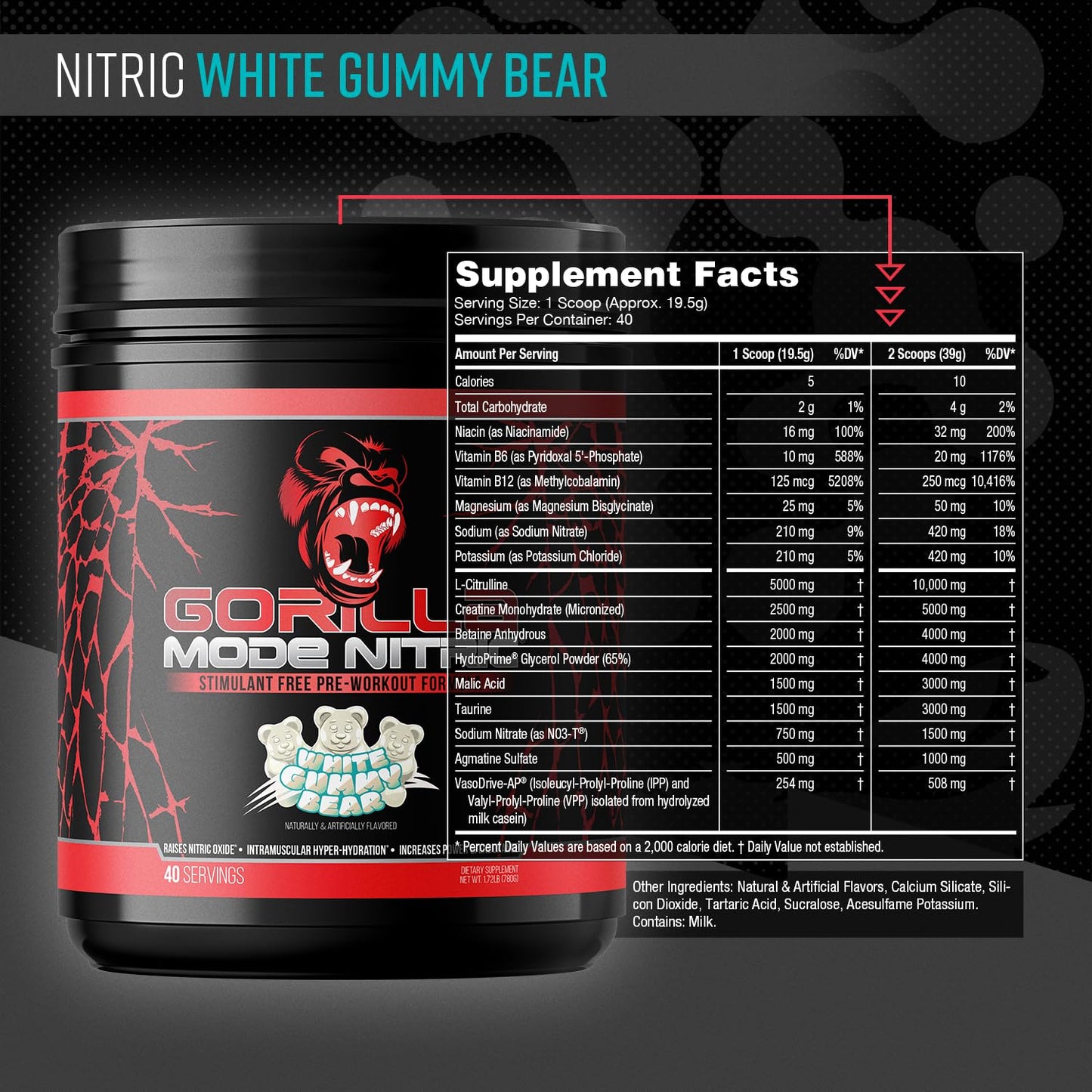 Gorilla Mode Nitric Upgraded Stimulant Free Pre-Workout – Best Tasting and Most Effective Stimulant Free Pre-Workout/Massive Pumps · Vasodilation · Power / 776 Grams (Cherry Blackout)
