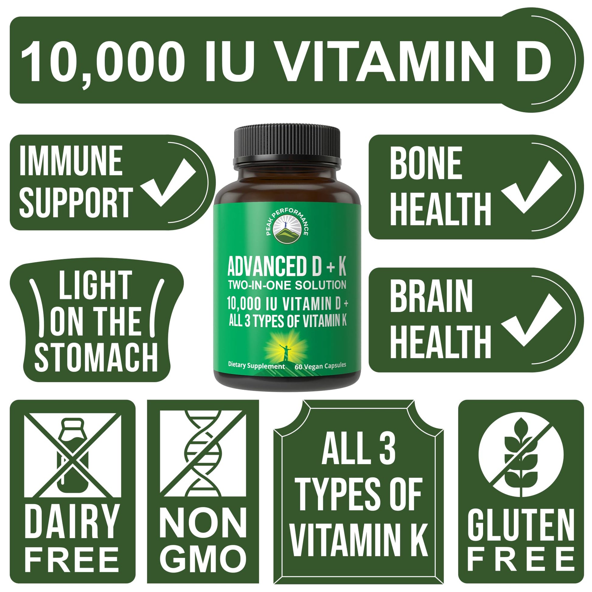 Peak Performance Advanced Vitamin D 10000 IU with All 3 Types of Vitamin K - 10,000 Vitamin D3 and Vitamin K2, K1, MK-7 (MK7), MK4 Capsules Supplement - 60 Small and Easy to Swallow Pills Peak Performance buy australia supplements