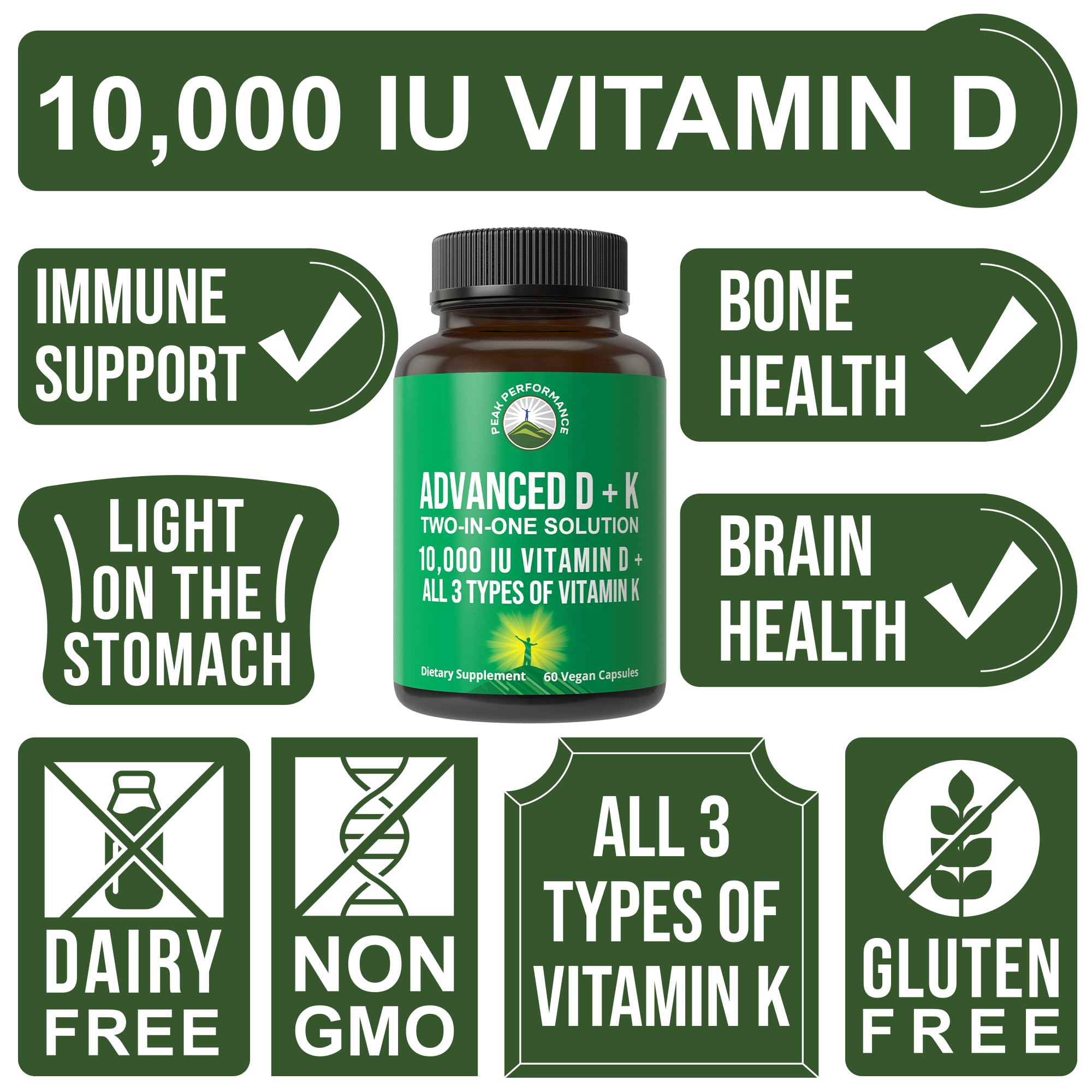 Peak Performance Advanced Vitamin D 10000 IU with All 3 Types of Vitamin K - 10,000 Vitamin D3 and Vitamin K2, K1, MK-7 (MK7), MK4 Capsules Supplement - 60 Small and Easy to Swallow Pills Peak Performance buy australia supplements