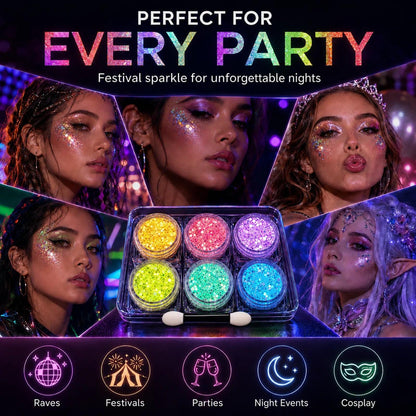 6 Colors Glow in the Dark Glitter Gel, UV Face Body Hair Makeup MiraWish