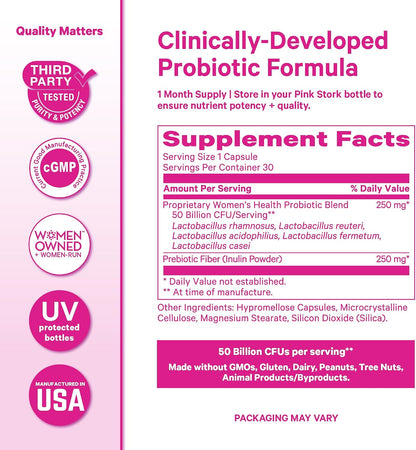 Pink Stork Women's Probiotic, 50 Billion CFU, 30 Count | Clinically Studied Strains, Vaginal, Gut, Urinary + Hormone Support, pH Balance, Yeast & Odor, Probiotic Prebiotic Blend