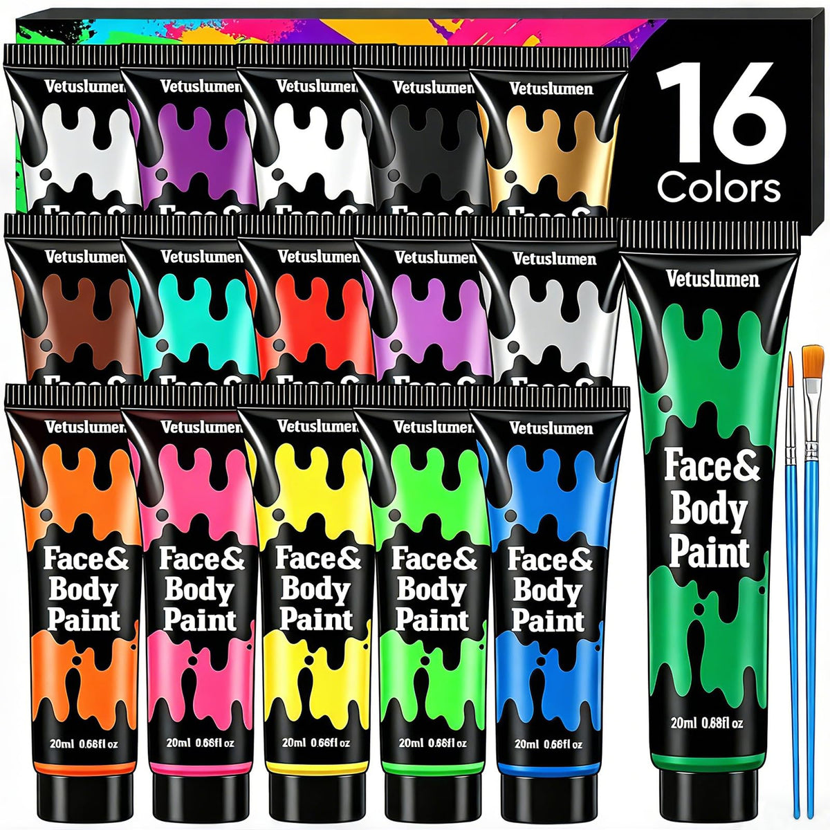 16 Colors Face Body Paint, 10.8 Oz Water Based Painting Set For Adults Vetuslumen