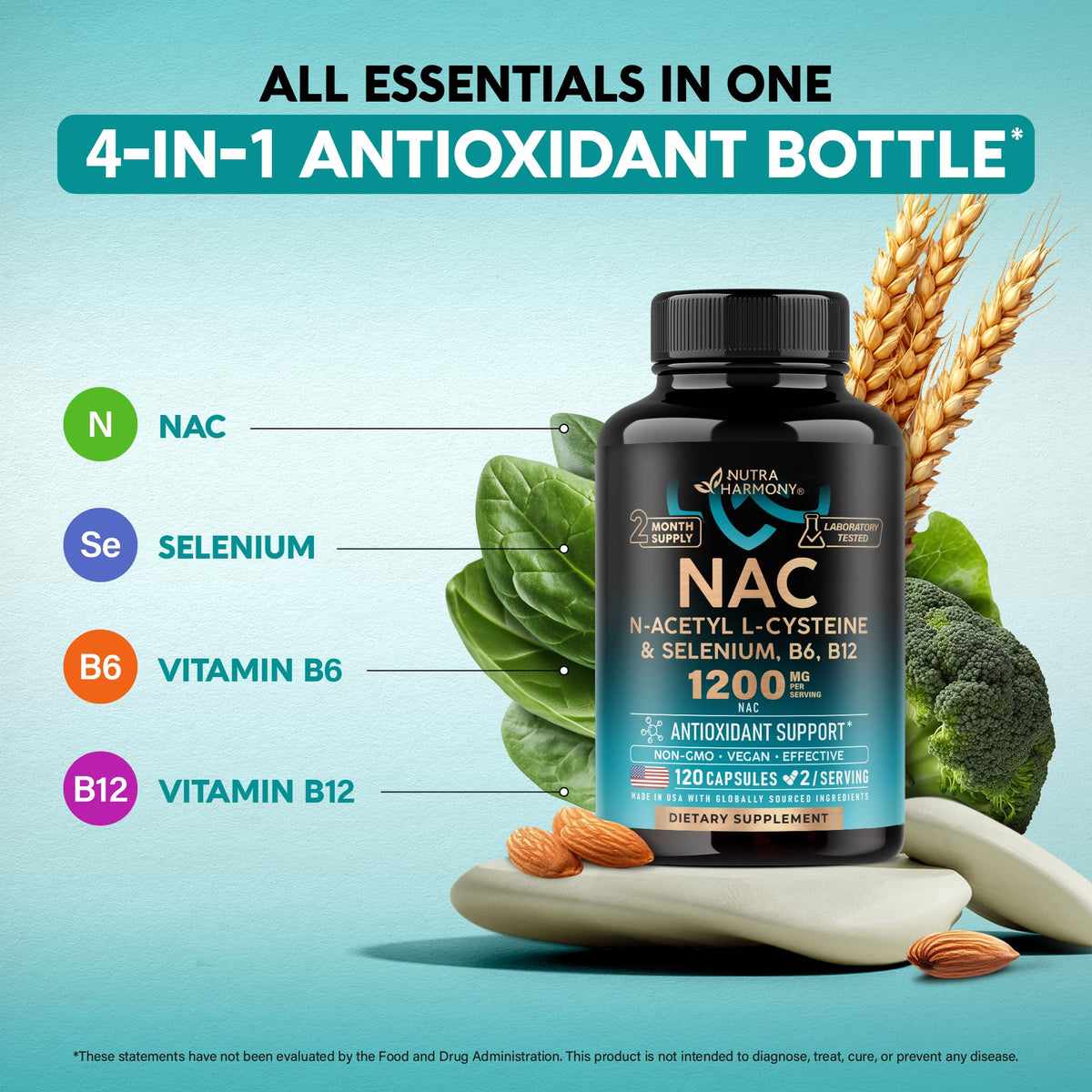 NAC Supplement | Selenium | B6 | B12 - Antioxidant, Immune Support - N Acetyl Cysteine 600 mg per Capsule, 1200 mg per Serving - Made in USA - Non-GMO, Gluten-Free NUTRAHARMONY