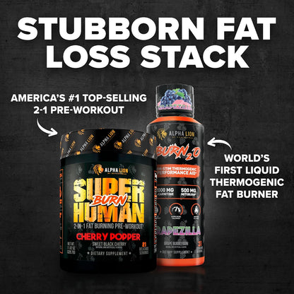 ALPHA LION Stubborn Fat Loss Stack – Superhuman Burn Pre Workout + Burn2O Liquid L-Carnitine 2000mg (Grapezilla) Non-Stim Thermogenic – Day & Night Metabolism Booster & Energy Stack for Men and Women