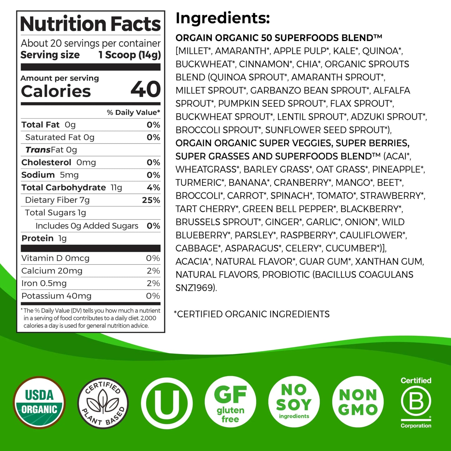 Orgain Organic Greens Powder + 50 Superfoods, Original - 1 Billion Probiotics for Digestive Health, Antioxidants, Vegan, Plant-Based, Gluten-Free, Non-GMO Orgain