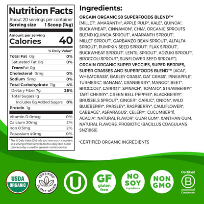 Orgain Organic Greens Powder + 50 Superfoods, Original - 1 Billion Probiotics for Digestive Health, Antioxidants, Vegan, Plant-Based, Gluten-Free, Non-GMO Orgain