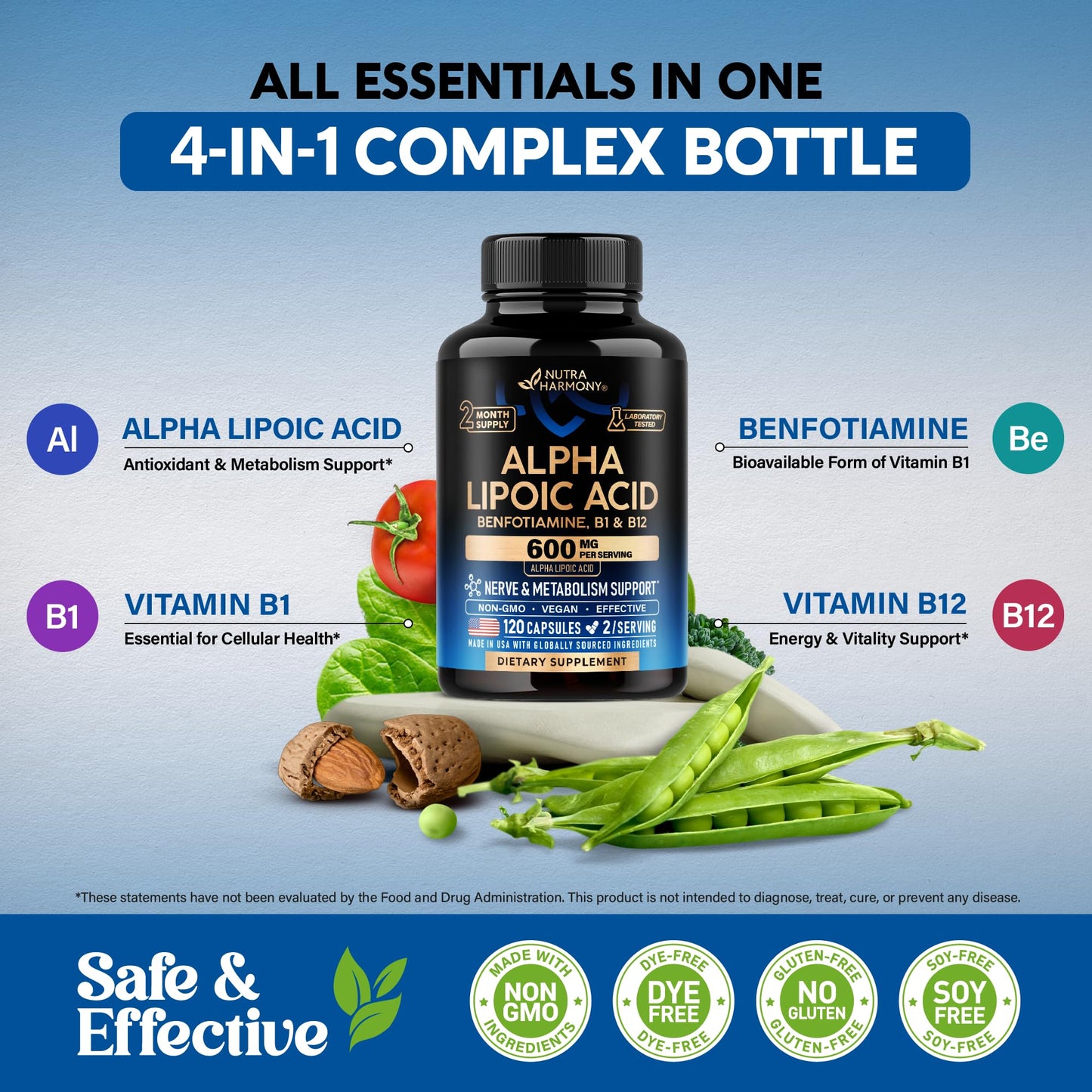 Alpha Lipoic Acid 600mg - ALA Supplement Antioxidant for Nerve, Energy & Metabolism Support - Extra Strength with Benfotiamine, B1 & B12 - Lab Tested, NON-GMO & Vegan NUTRAHARMONY