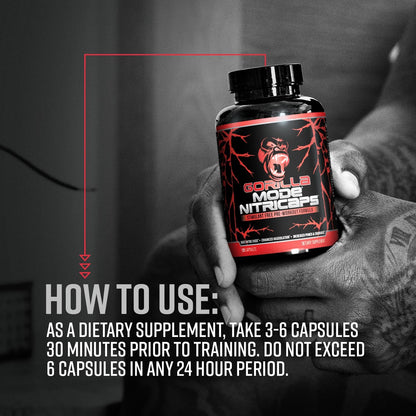 Gorilla Mode® Nitricaps™ - Stimulant Free Pre-Workout Capsules - Massive Pumps · Vasodilation · Performance - Nitrosigine®, Agmatine Sulfate, VasoDrive-AP®, Electrolytes / 120 Capsules
