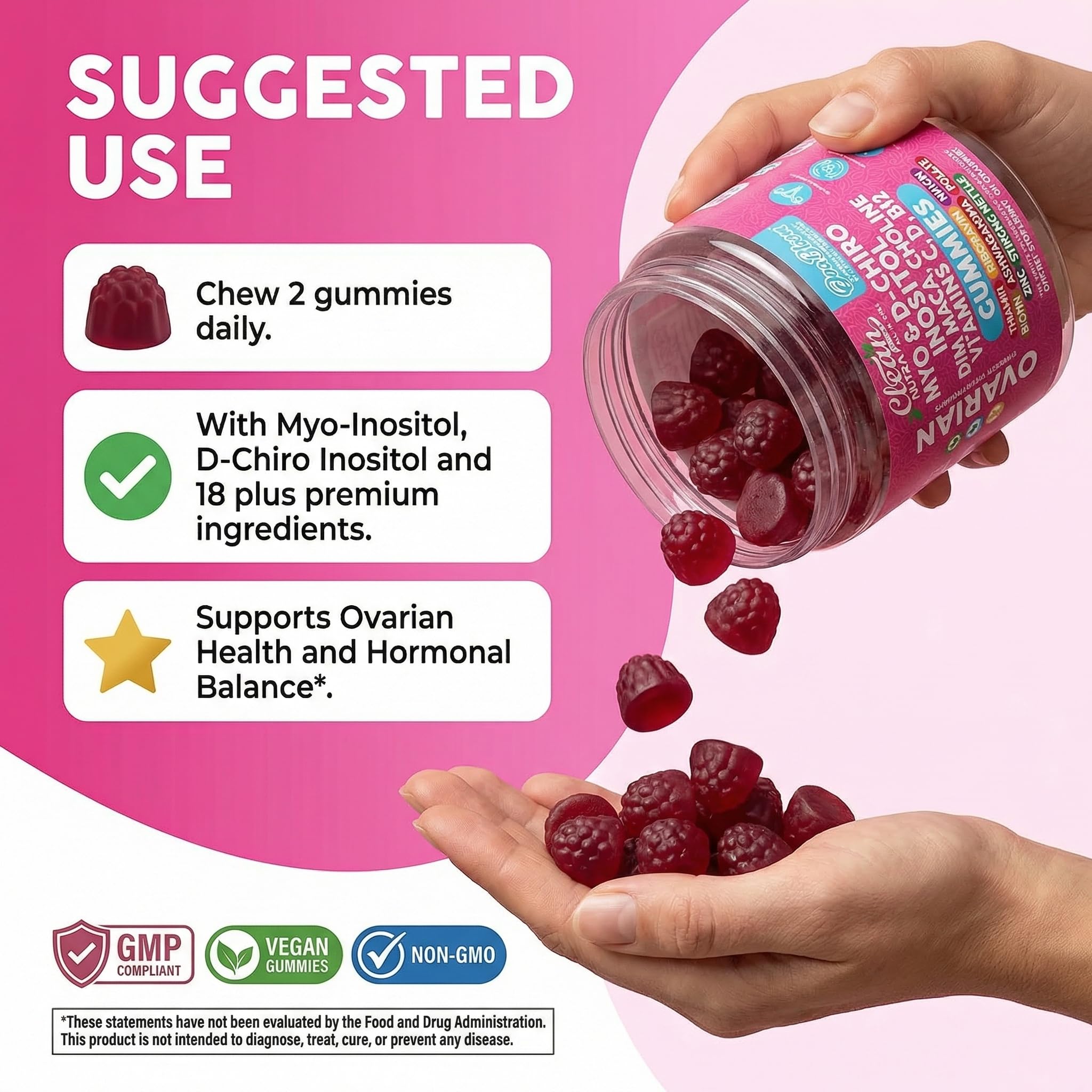 OVA Bloom Ovarian Support Gummies Myo Inositol D-Chiro Inositol Choline Flax Biotin Riboflavin Thiamin Niacin Ashwagandha DIM Maca Root Vitamin C D3 B12 Zinc 60 Count By Clean Nutra Clean Nutraceuticals buy australia supplements