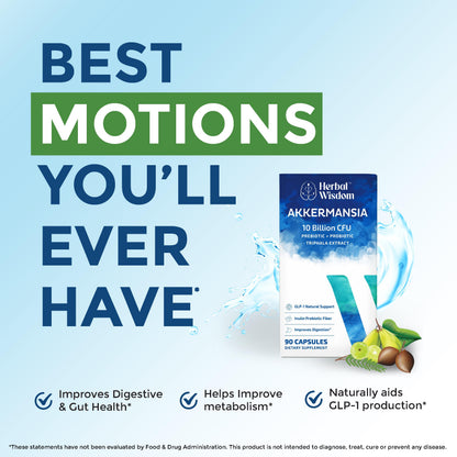 Herbal Wisdom Akkermansia Probiotic 10 Billion CFU - Advanced Support, Probiotic+Prebiotic | for Gut & Metabolism Support - No Bloating | with Inulin & Triphala Herbal Wisdom