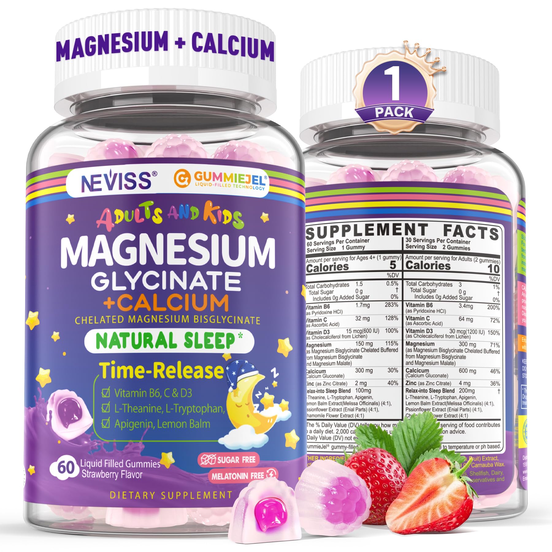 Neviss Magnesium Glycinate + Calcium Filled Gummies for Adults and Kids 4+, Kids Sleep Gummies Melatonin Free, Sugar Free Magnesium Supplement with B6 D3, L-Theanine for Zzz & Relax, Brain,Bone,Muscle NEVISS buy australia supplements