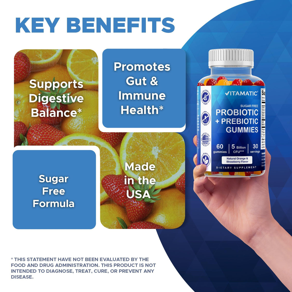 Vitamatic Probiotic Sugar Free Gummies for Men and Women – 5 Billion CFUs Digestive, Immune & Gut Health Support – Gluten Free Vitamatic
