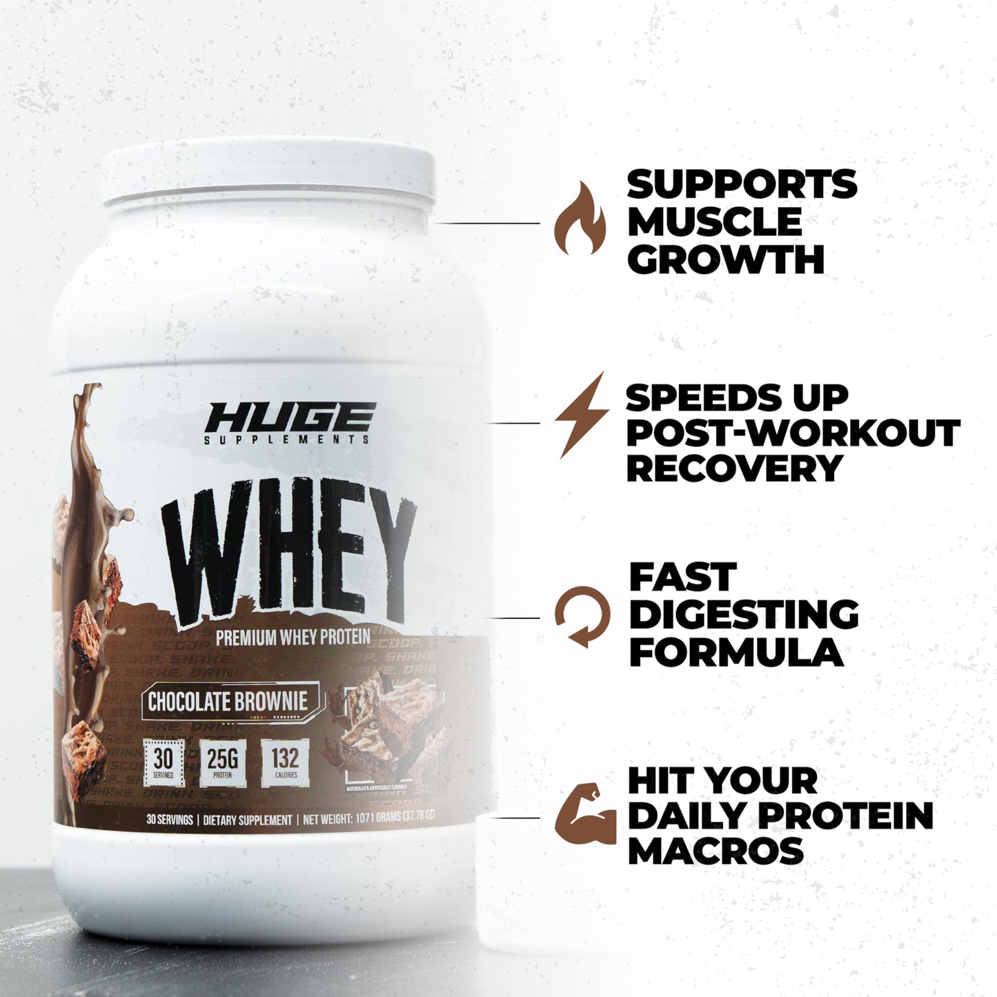 Huge Whey, Protein Powder for Muscle Gain, 25g Protein, 12g EAAs, Supports Muscle Growth, Performance & Recovery (Chocolate Brownie, 30 Servings)