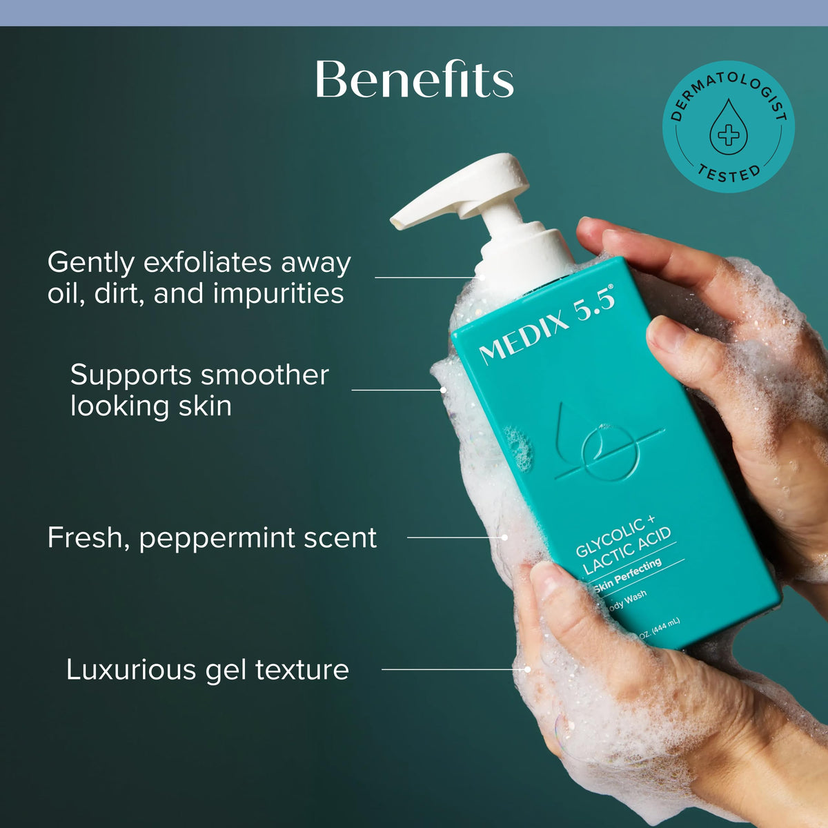 Medix 5.5 Glycolic Acid + Lactic Acid Exfoliating Body Wash Gel | KP Bump Eraser | AHA Exfoliant Skin Care Body Cleanser | Keratosis Pilaris & Acne | Anti Aging AHA Foaming Body & Face Wash, 15 Fl Oz Medix 5.5