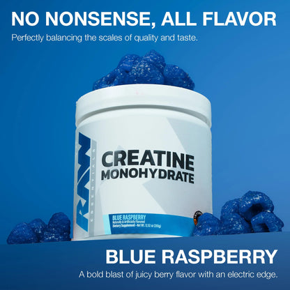 RAW Nutrition Creatine Monohydrate Powder, Blue Raspberry (30 Servings) - Micronized Creatine Monohydrate Supplement for Workout Performance, Build Muscle & Strength RAW