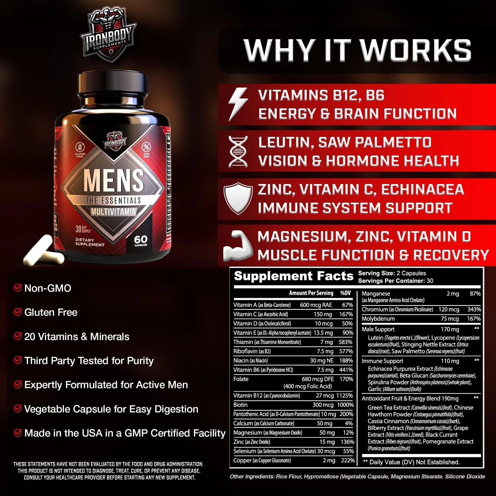 IronBody Supplements, Multivitamin for Men, Vitamins A, B, C, D, E, Zinc. Immune Support, Antioxidant Fruit and Energy Blend. 60 Capsules IronBody Supplements buy australia supplements