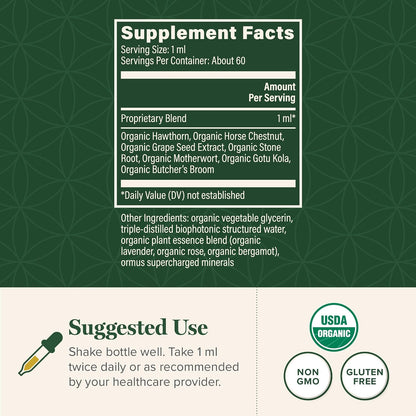 Global Healing Plant-Based Vein Health Liquid Vegan Supplement Drops to Support Blood Flow & Circulation, Helps with Spider & Varicose Veins for Healthy Legs - Organic Horse Chestnut Root - 2 Fl oz