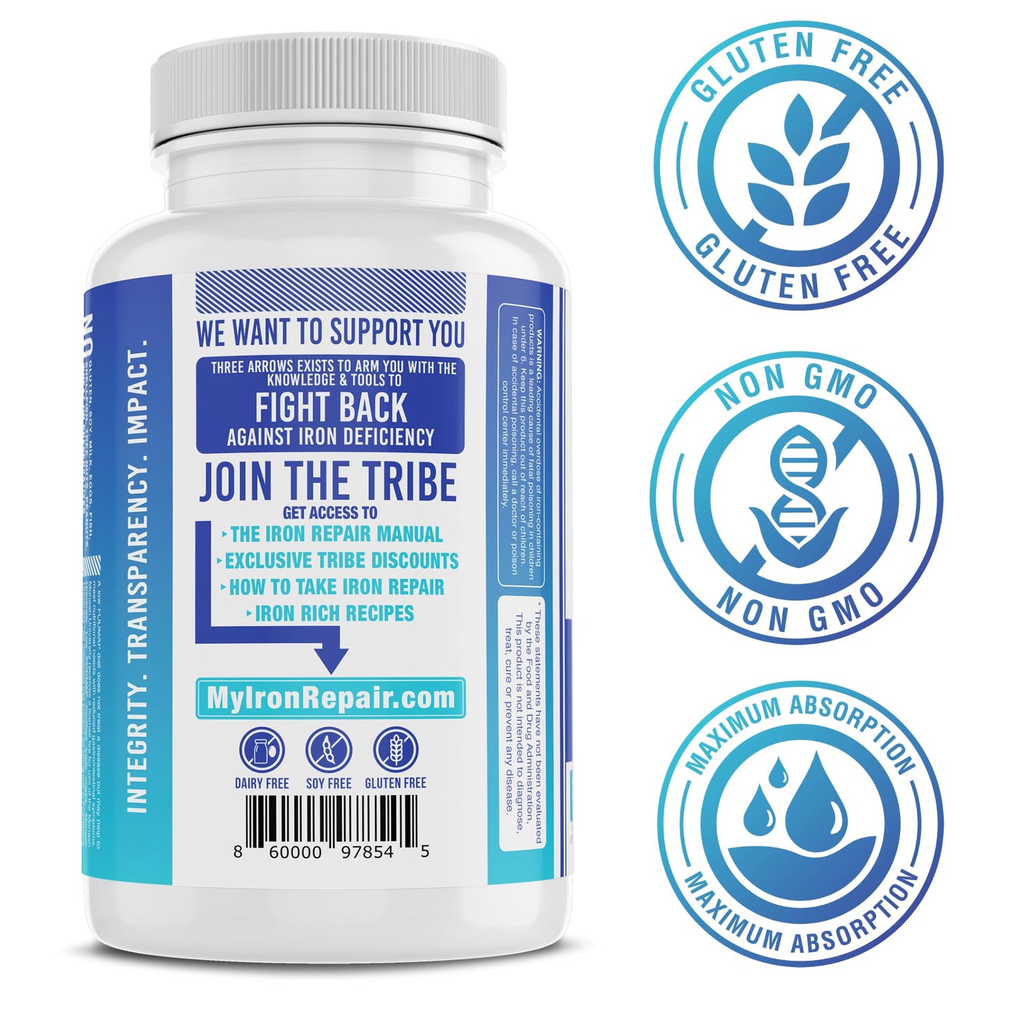 Iron Repair Simply Natural Iron Supplement, Best Absorption & Gentle on Stomach, Monash Low FODMAP, Raise Hemoglobin & Ferritin Iron Pills for Women, Men, Teens Three Arrows