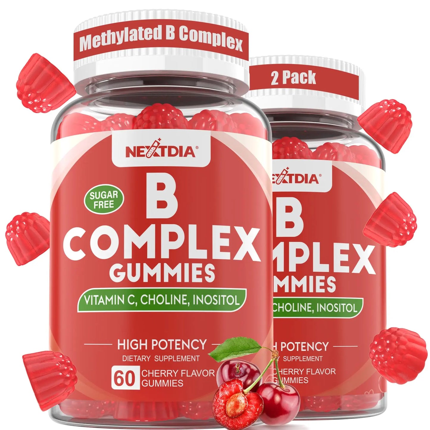 Methylated Vitamin B Complex Gummies 2 Pack, Methyl B12 & Folate with B1, B2, B3, B5, Biotin | Vitamin C, Zinc, Choline & Inositol – B Complex Supplement for Energy Nextdia