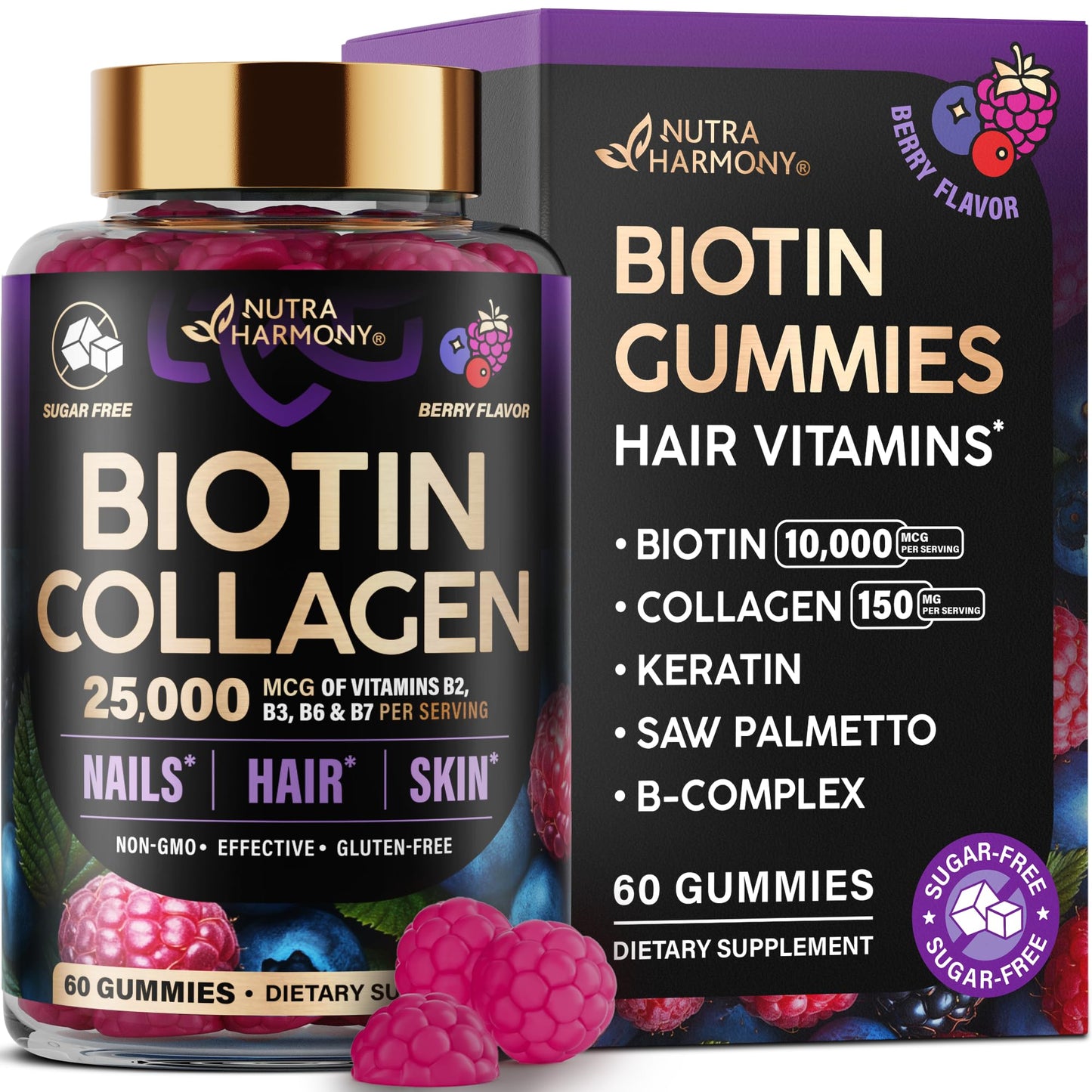 Biotin Gummies with Collagen - Hair Growth Support Skin, & Nail Strength - for Women & Men - Biotin 10000mcg | Keratin | Hyaluronic Acid | B-Complex | Saw Palmetto NUTRAHARMONY