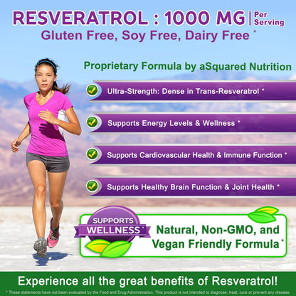 100% Natural Resveratrol - 1000mg Per Serving Max Strength (180 Capsules) Antioxidant Supplement, Trans-Resveratrol Pills aSquared Nutrition