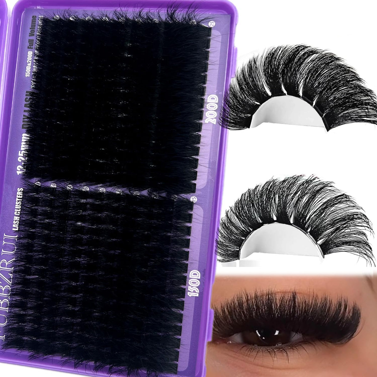 FUBBZRUI Fluffy Lash CLusters 12-25mm Long Cat Eye D Curl 280PCS Cluster Volume Eyelash Extensions 150D+200D Individual Lashes Thick DIY Lash Extesnion FUBBZRUI