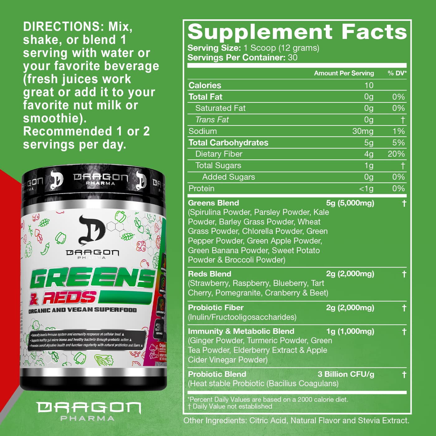 DRAGON PHARMA Greens and Reds, Over 23 Nutritious Superfoods, Reds and Vegetables, Optimal Health and Wellness (30 Servings, Original) DRAGON PHARMA buy australia supplements