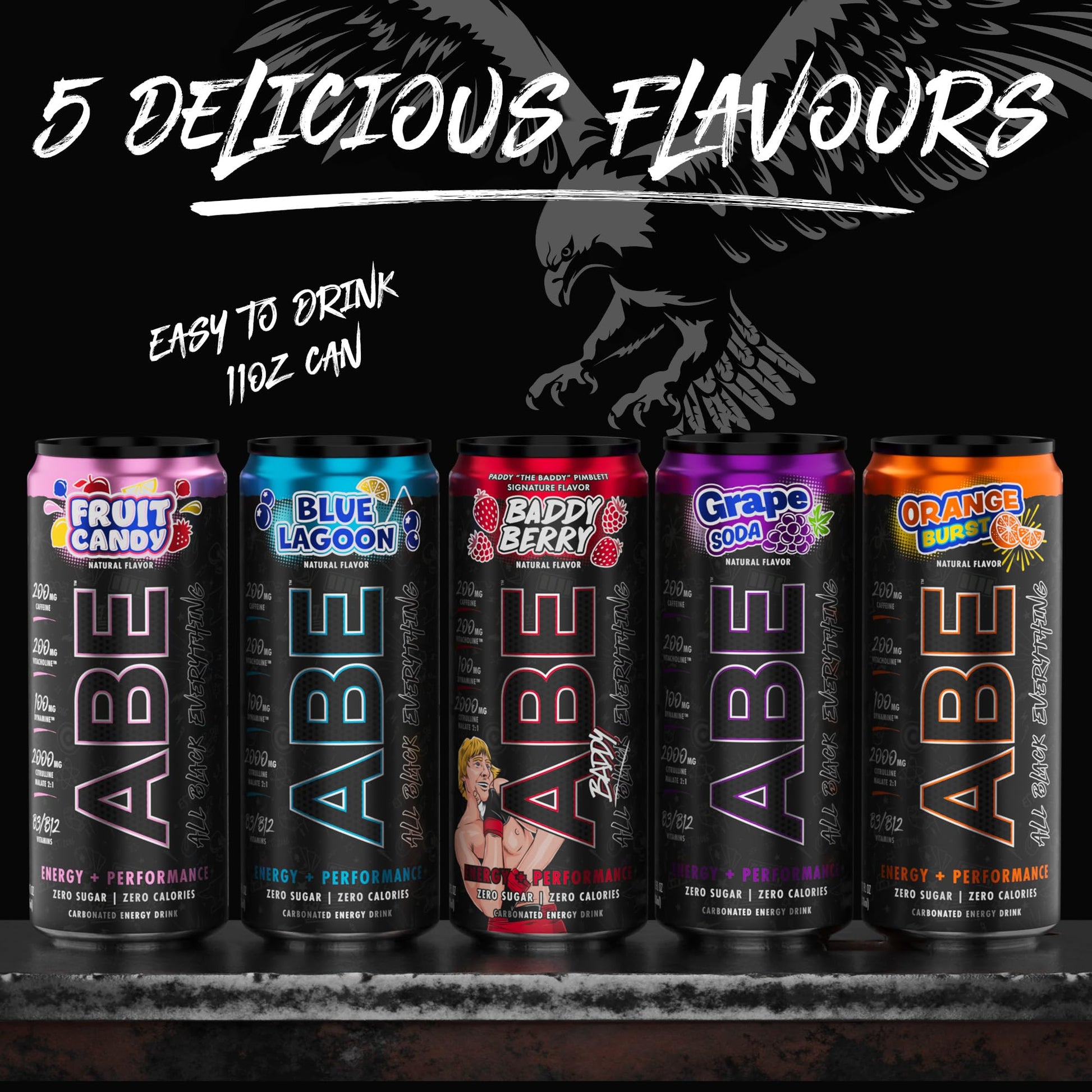 ABE Energy + Performance Sugar Free Energy Drink - All Black Everything Drink With Caffeine, VitaCholine, Dynamine, Citrulline Malate (11oz Can - Pack of 12) (Orange Burst)