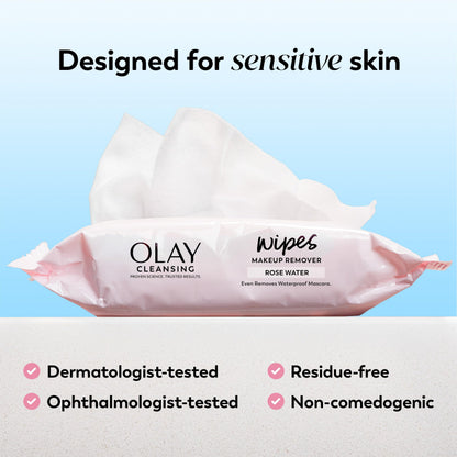 Olay Cleanse Makeup Remover Wipes, Rose Water Scent, Facial Cleansing Wipes Remove Makeup Dirt & Oil, Removes Waterproof Mascara, Soft Cloths for Eyes Face & Neck, No Greasy Residue, 25 Count, 3-Pack Olay