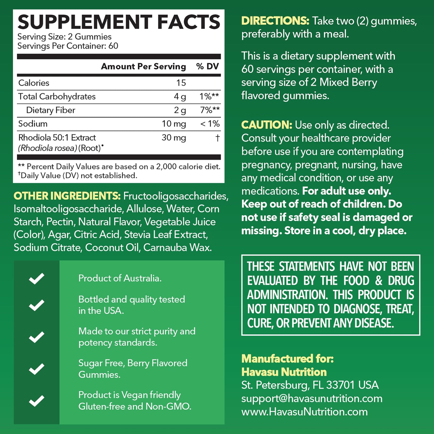 Rhodiola Rosea Gummies, Sugar Free Rhodiola Supplement, 30 Servings | Herbal Adaptogen for Mental Clarity and Performance, 60 Count, Vegan and Gluten-Free, Mixed Berry Flavor, 1-Month Supply Gsupps Australia